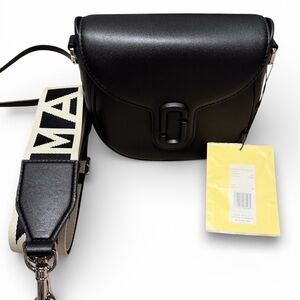 Marc Jacobs Black Leather Saddle Bag with Ivory Logo Strap